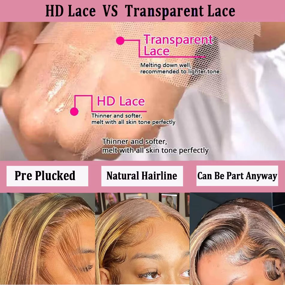 Brazilian Honey Brown Highlighted Straight Human Hair Lace Front Wigs - Pre-Plucked 13X4 and 13X6 Options