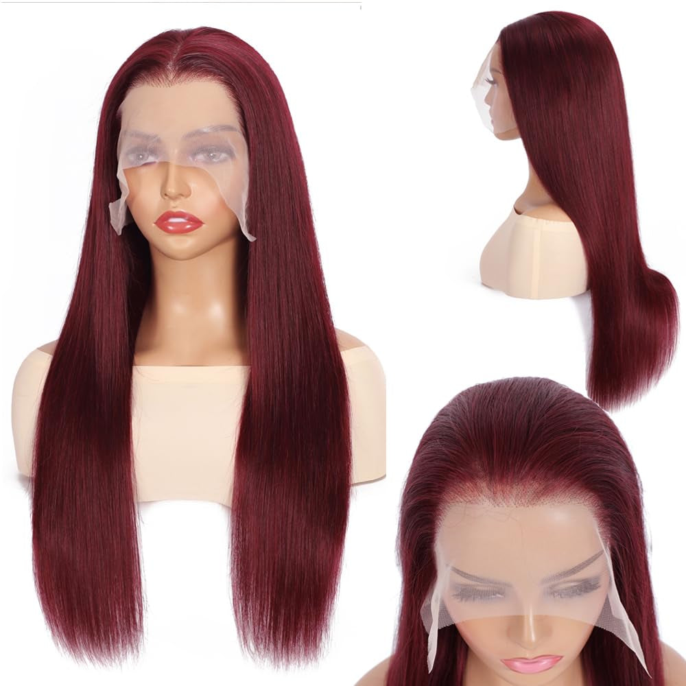 32 Inch 99J Burgundy Lace Front Wigs Human Hair 13X6.5 Straight HD Lace Front Wigs Human Hair 250% Density Glueless Straight Wigs Human Hair Pre Plucked with Baby Hair (99J Burgundy Wigs, 32 Inch)