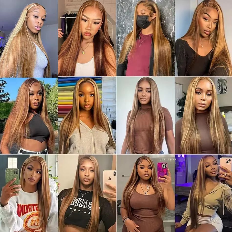 Brazilian Honey Brown Highlighted Straight Human Hair Lace Front Wigs - Pre-Plucked 13X4 and 13X6 Options