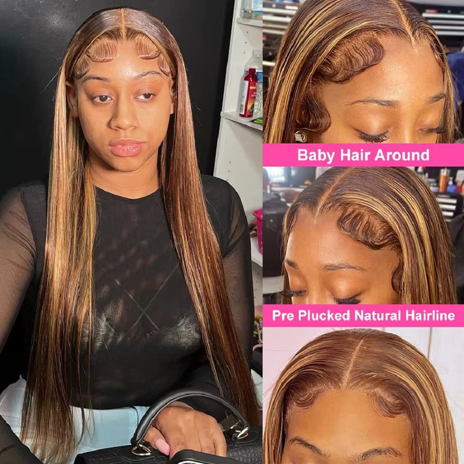 Brazilian Honey Brown Highlighted Straight Human Hair Lace Front Wigs