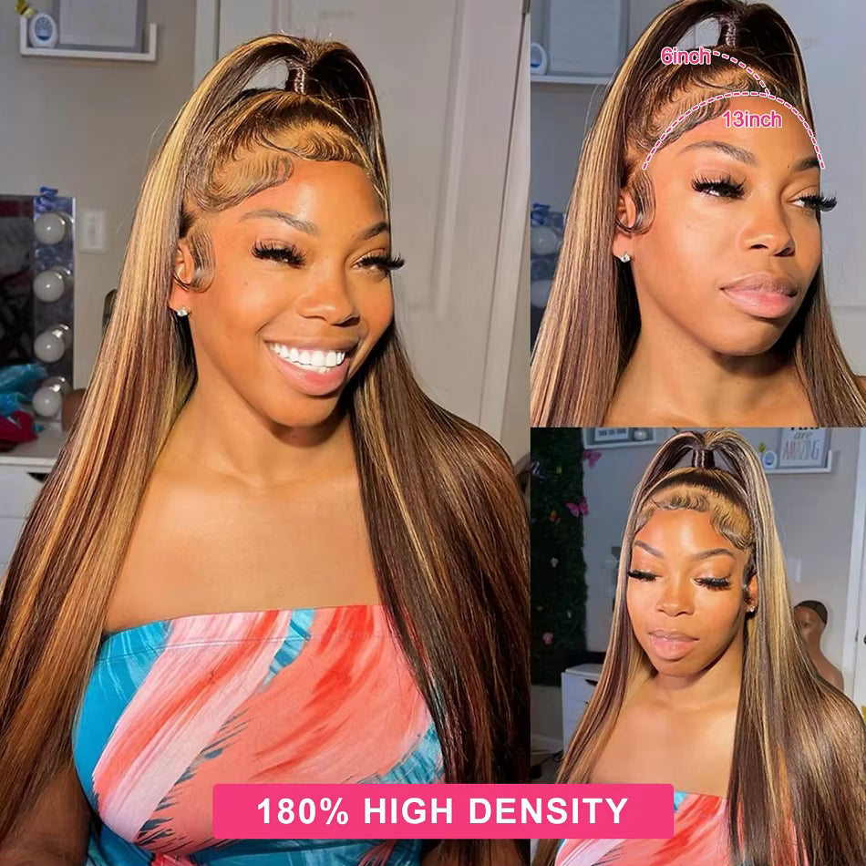 Brazilian Honey Brown Highlighted Straight Human Hair Lace Front Wigs