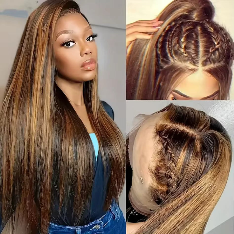 Brazilian Honey Brown Highlighted Straight Human Hair Lace Front Wigs
