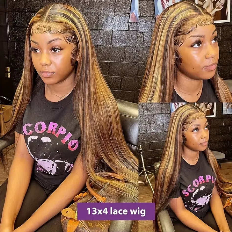 Brazilian Honey Brown Highlighted Straight Human Hair Lace Front Wigs - Pre-Plucked 13X4 and 13X6 Options