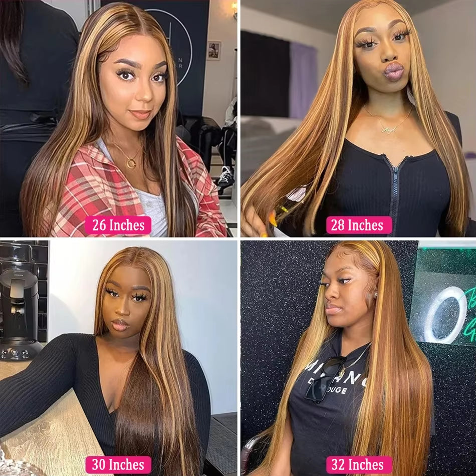 Brazilian Honey Brown Highlighted Straight Human Hair Lace Front Wigs - Pre-Plucked 13X4 and 13X6 Options
